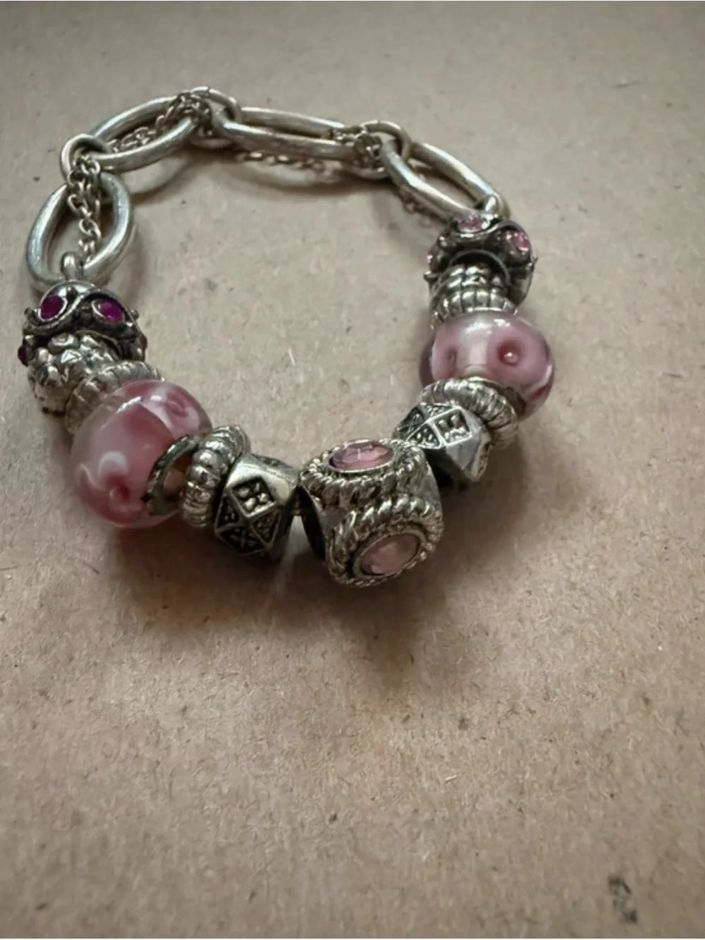 Silver-Tone Pink Bead Charm Bracelet - Women's Jewelry
